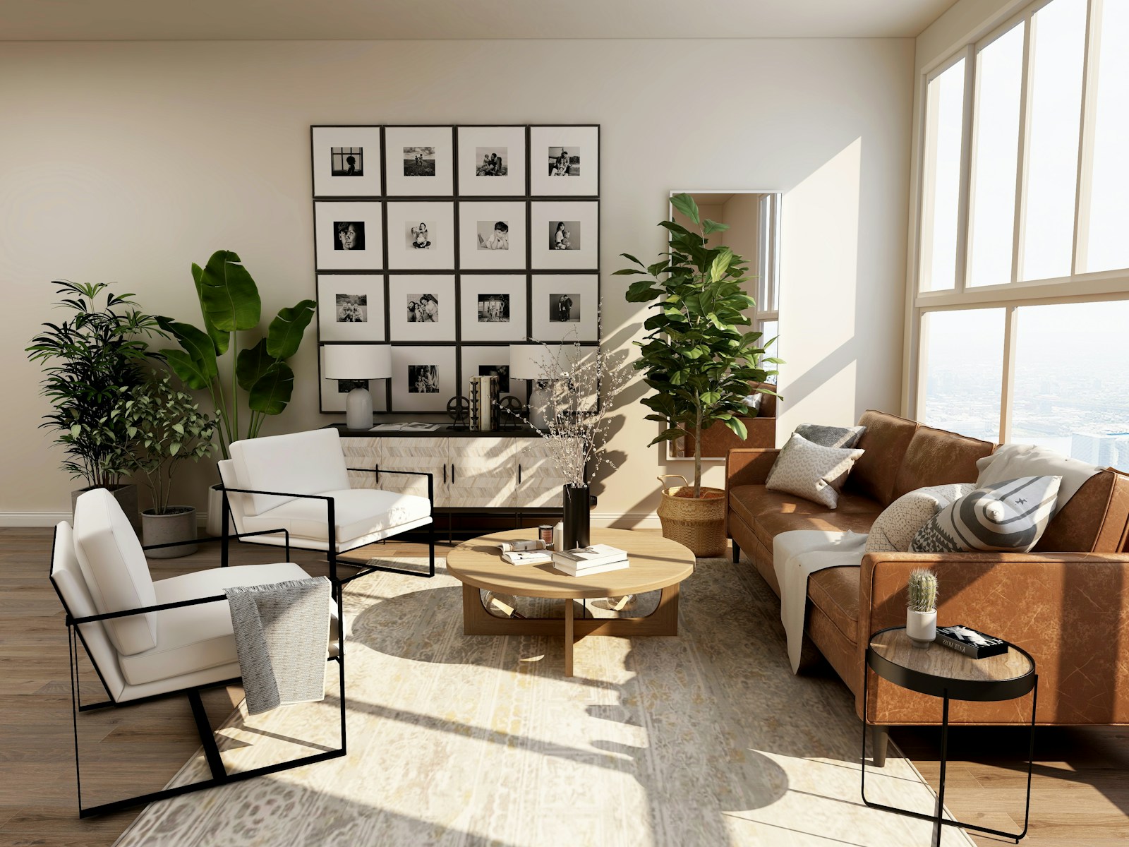 Sunlit living room with natural textures and a neutral sofa